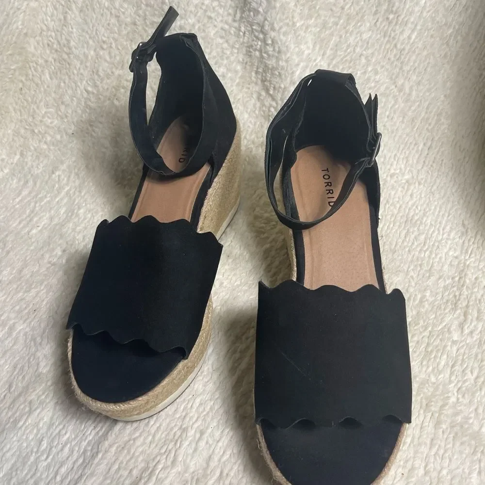 Torrid Synthetic black suede Espadrilles Wedge platform ankle strap Sandal SZ13W